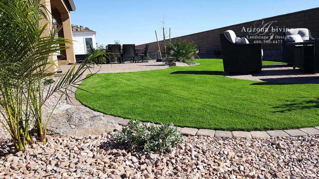 Encanterra back yard landscape with synthetic grass